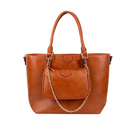 Brown High Quality Faux Vegan Leather Everyday Essential Tote For Women with a crossbody attached to it with a gold chain