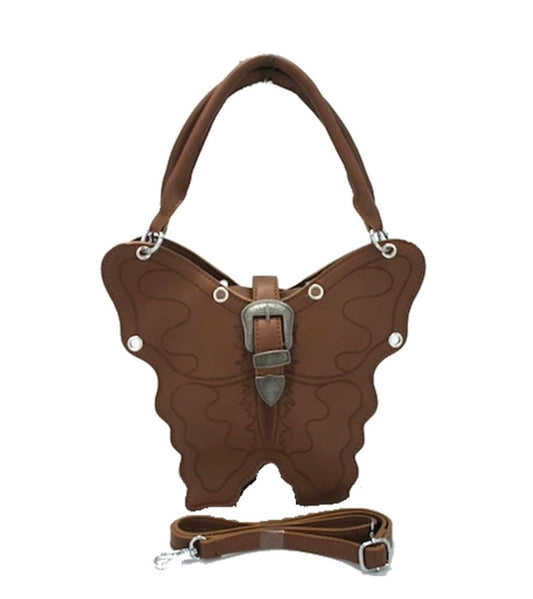 Brown Butterfly Shaped Crossbody Novelty Purse with silver finishing and a brown crossbody strap