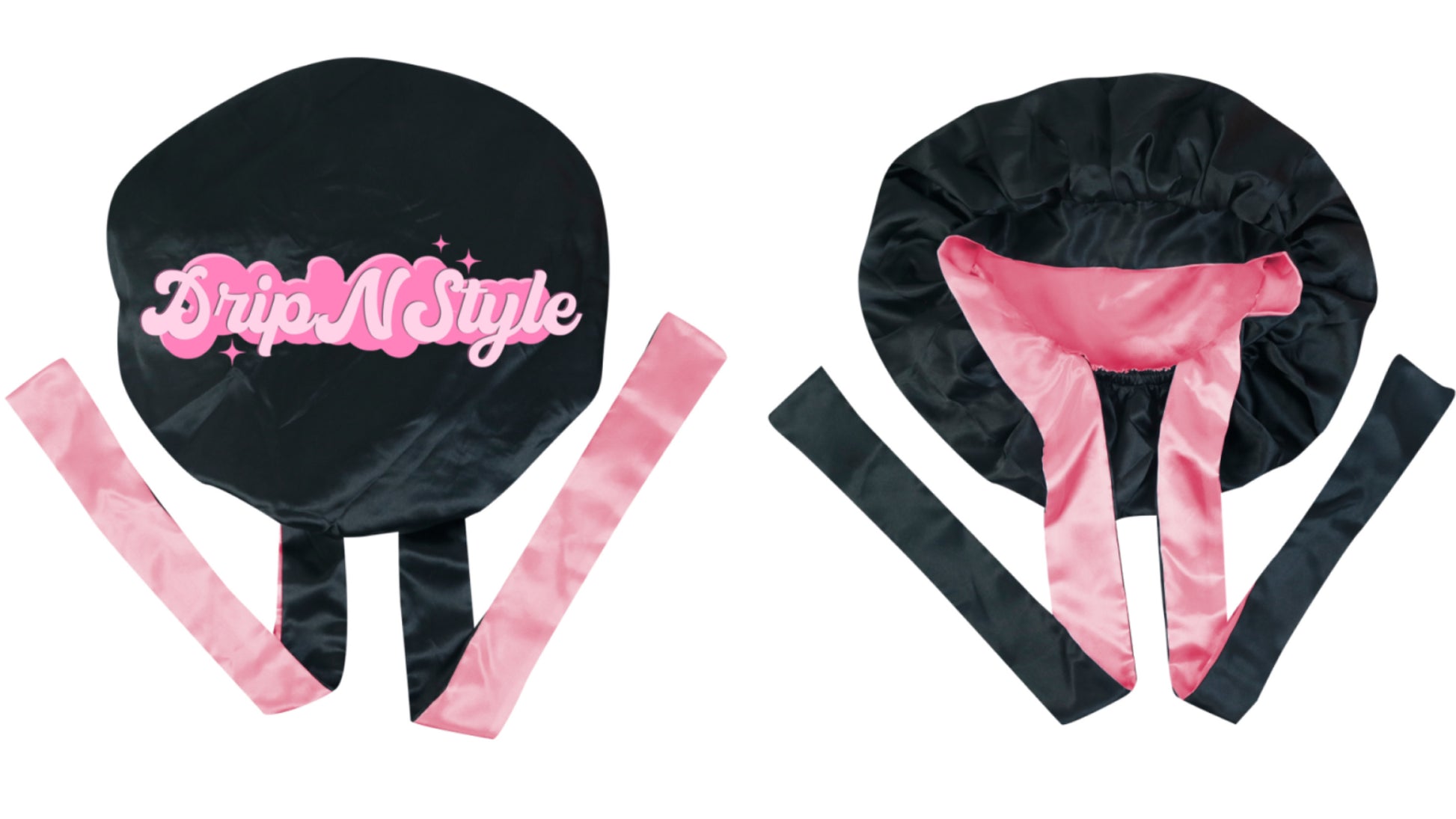 black and pink satin bonnet with the words dripnstyle